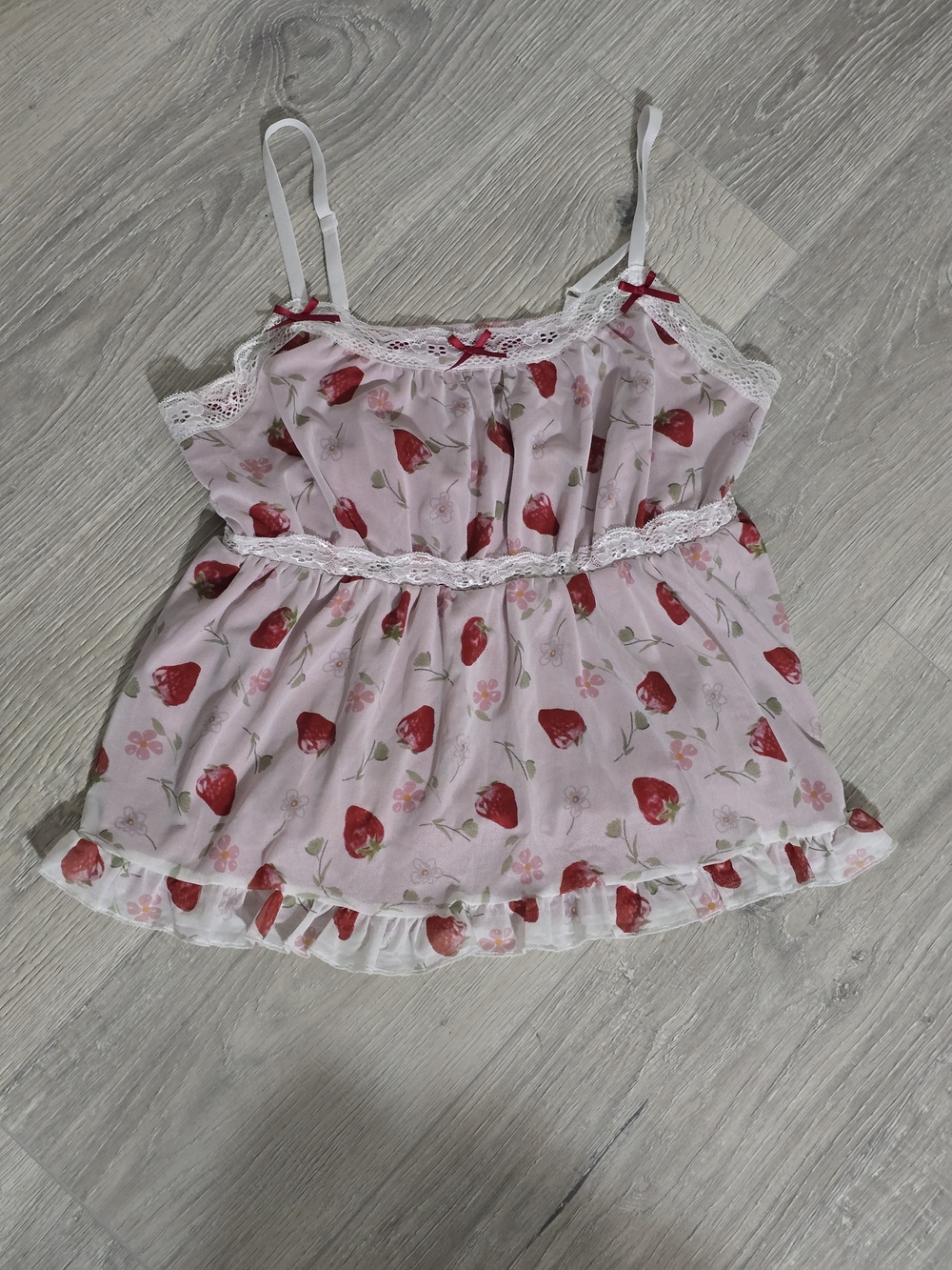 Strawberry Print Lace-Trim Pink Cami Top